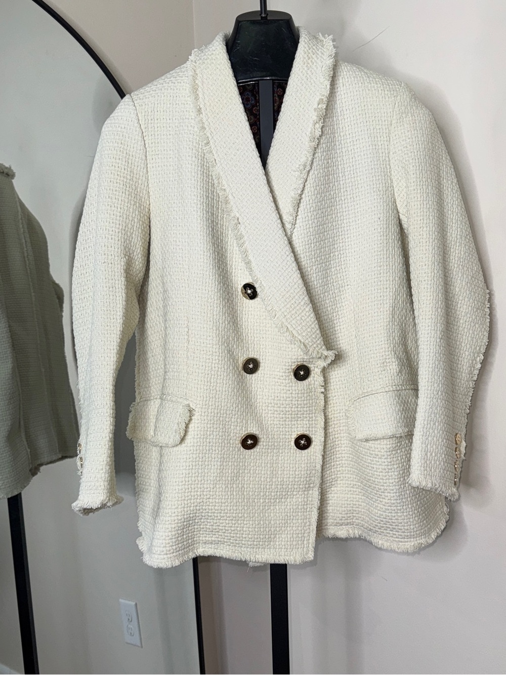 Gretchen Scott Double Breast Ivory Tweed Fringe Trim Blazer Size XL